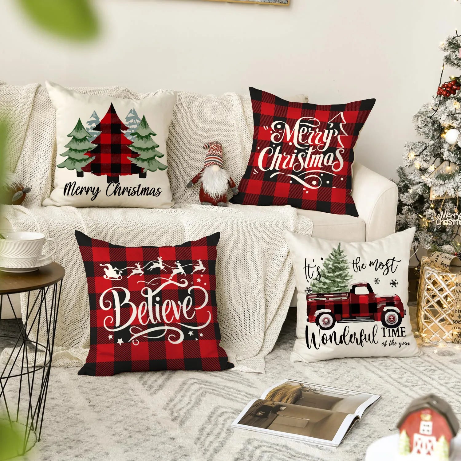 1pc/4pcs Christmas Pillow Cover, Black and Red Buffalo Plaid Celebration Christmas Tree Snowflake Decoration Sofa Cushion Cover