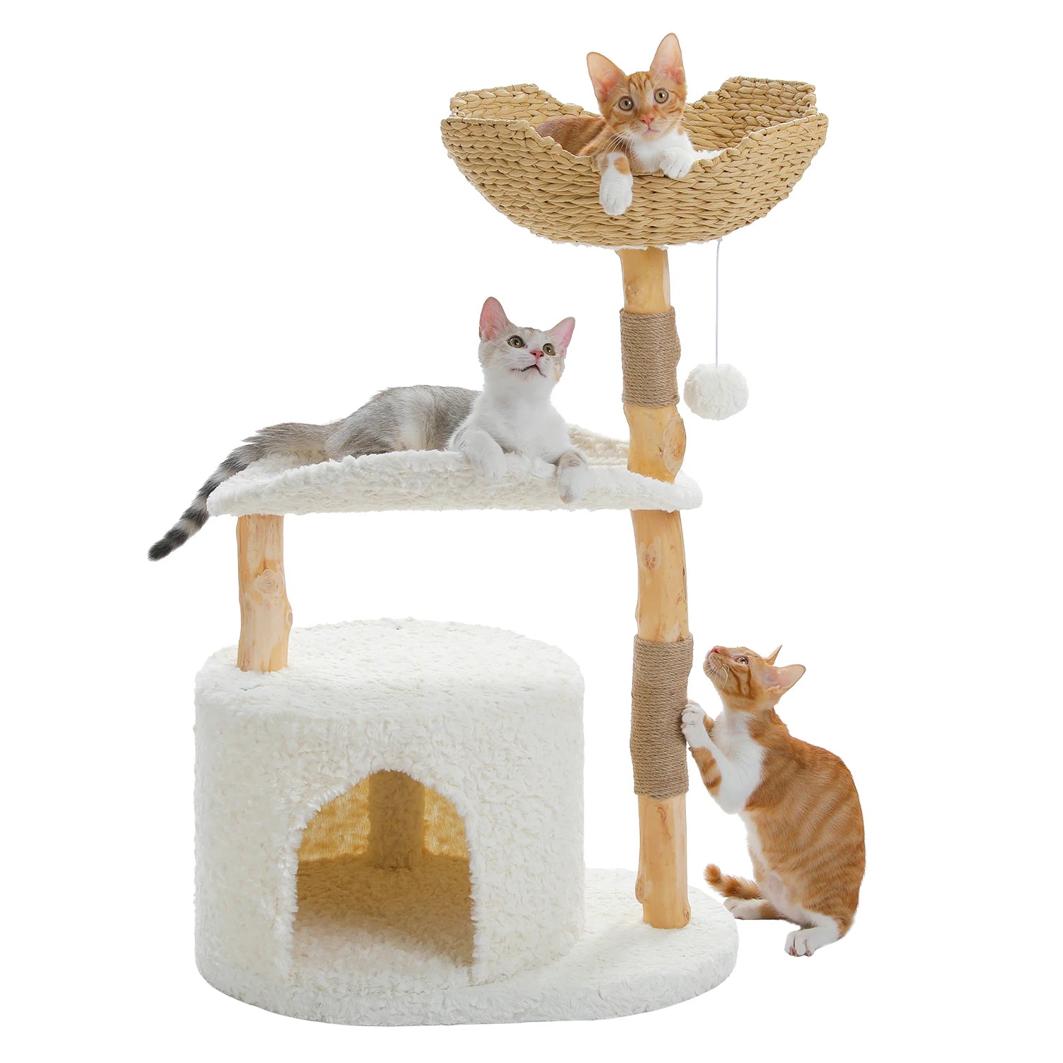 Modern Cat Tree Tower with Natural Solid Wood Scratching Posts Spacious Wicker Basket Luxury Cat Condo Bed for Indoor Cat Toys