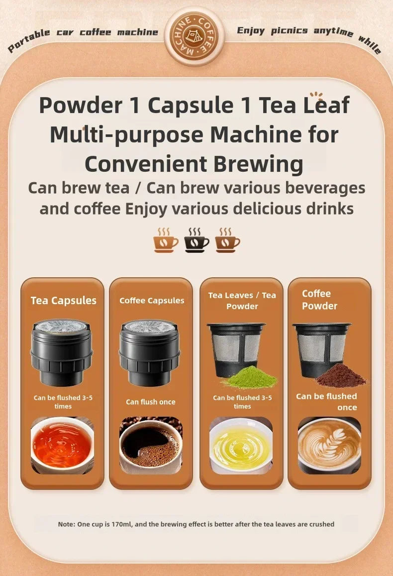 Portable electric coffee machine is suitable for ground coffee and KCUP capsules, but it does not have a heating function