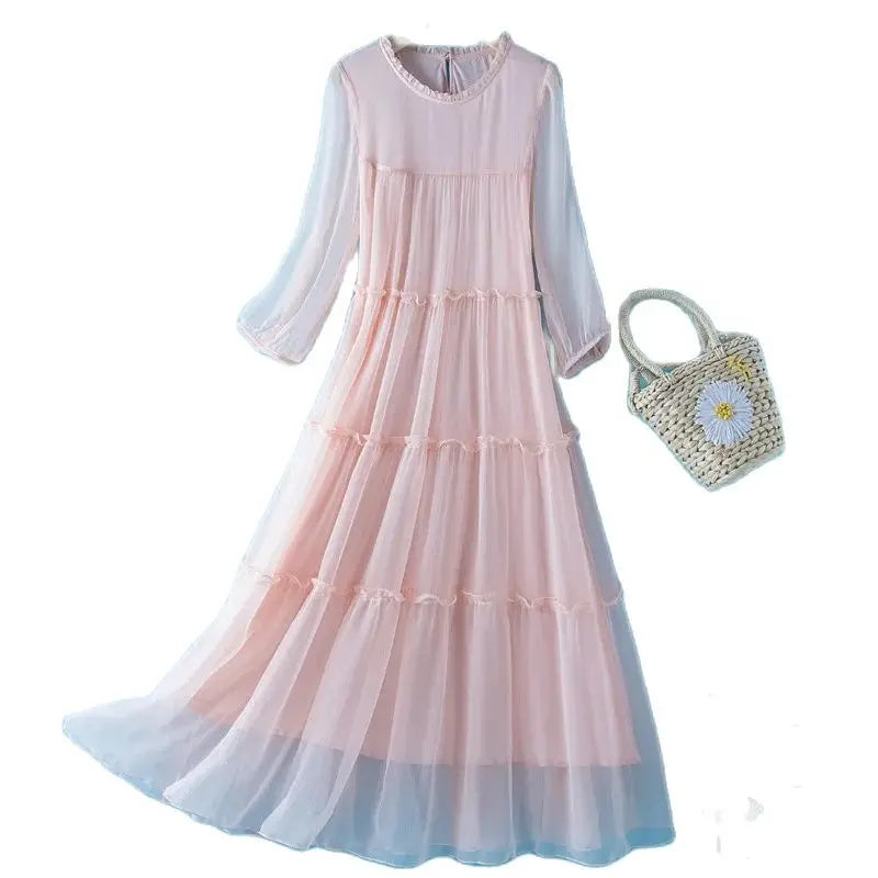 Winsleter, 100%Real Silk Elegant Dresses, Women Half Sleeve ONeck Ruched, Beach Vacation OL Dress, 2024 Summer Autumn D46910QM