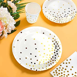 White And Gold Party Supplies 121pcs Golden Dot Disposable Party Dinnerware Set - White and Gold Party Paper Plates Cups Napkins