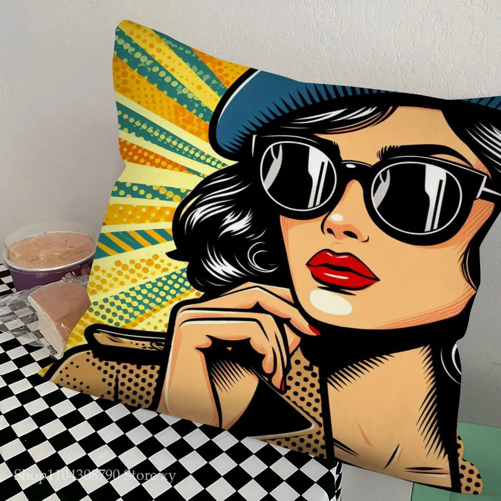 1pc Colorful Pop Art Canvas Comic Woman Pillow Case Square Bedroom Sofa Leisure Comfort Cushion Car Living Room Home Decoration