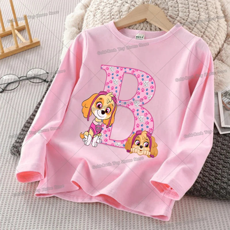 Paw Patrols Skye Letter A-Z T-shirt for Girl Long Sleeve Cotton Tops Cute Cartoon Print Children Tee Autumn Casual Kids Clothes