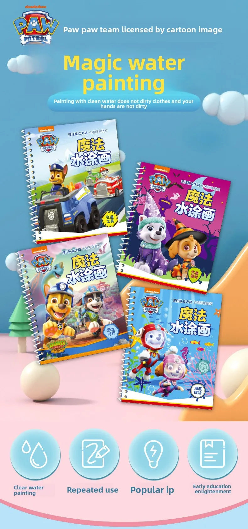 Paw Patrol Chase Reusable Coloring Book Magic Water Painting Books Sensory Children Early Education Toys Water Drawing Book Toy