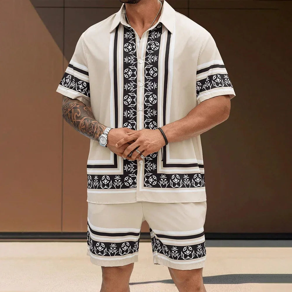 Vacation Men's 2-Piece Outfits Vintage Button Down Short Sleeve Shirt And Shorts Set Elastic Waist Shorts Short Sleeve Shirts