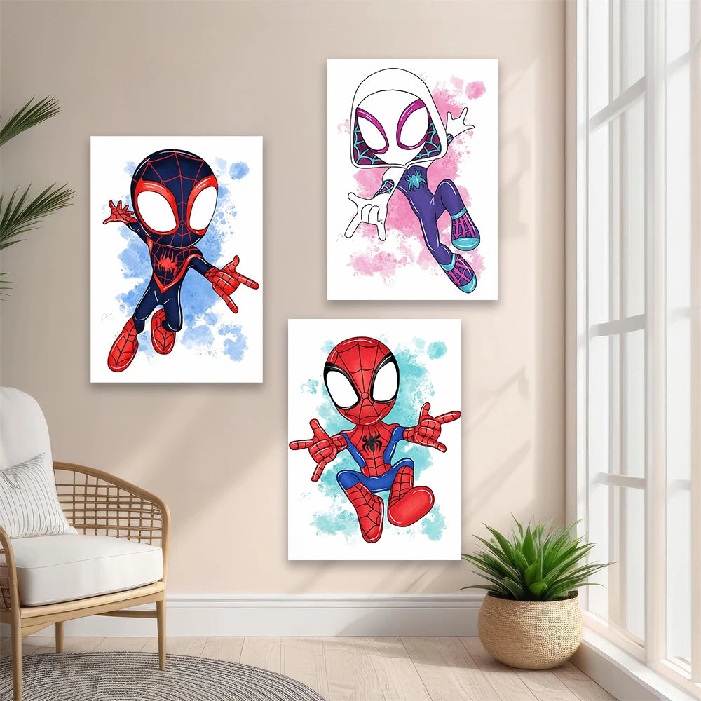 3 PCS Colorful Spidey & Friends Wall Art Poster Watercolor Splatter Art Print Boys Playroom Decor Superhero Nursery Art Canvas