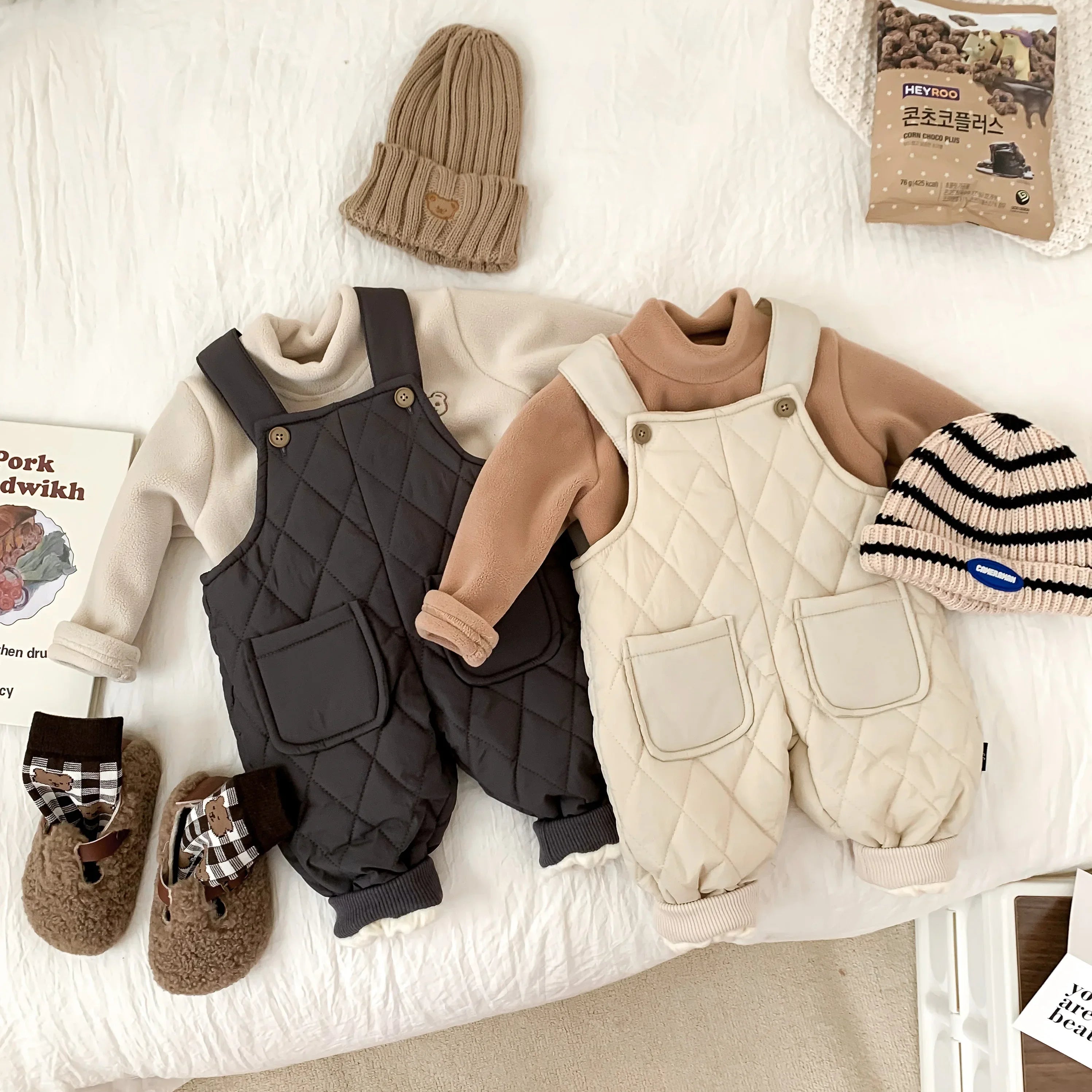 Winter Baby Boys And Girls Solid Color Thick Overalls Autumn And Winter Quilted Thick Pants Children's Casual Warm Jumpsuit