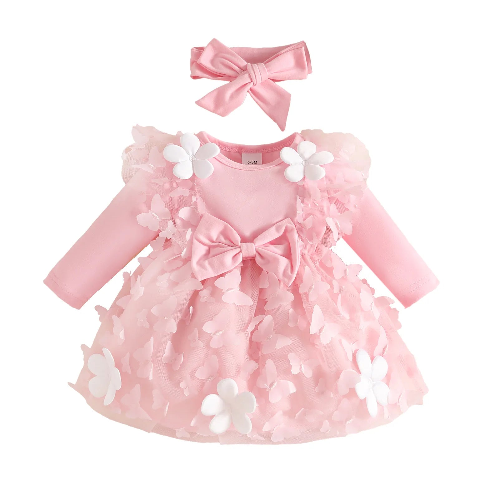 0-2Y Baby Girl Clothes 2Pcs Set Butterfly Tulle Patchwork Bow Baby Dresses for Newborn Girls and Headband Princess Party Outfit