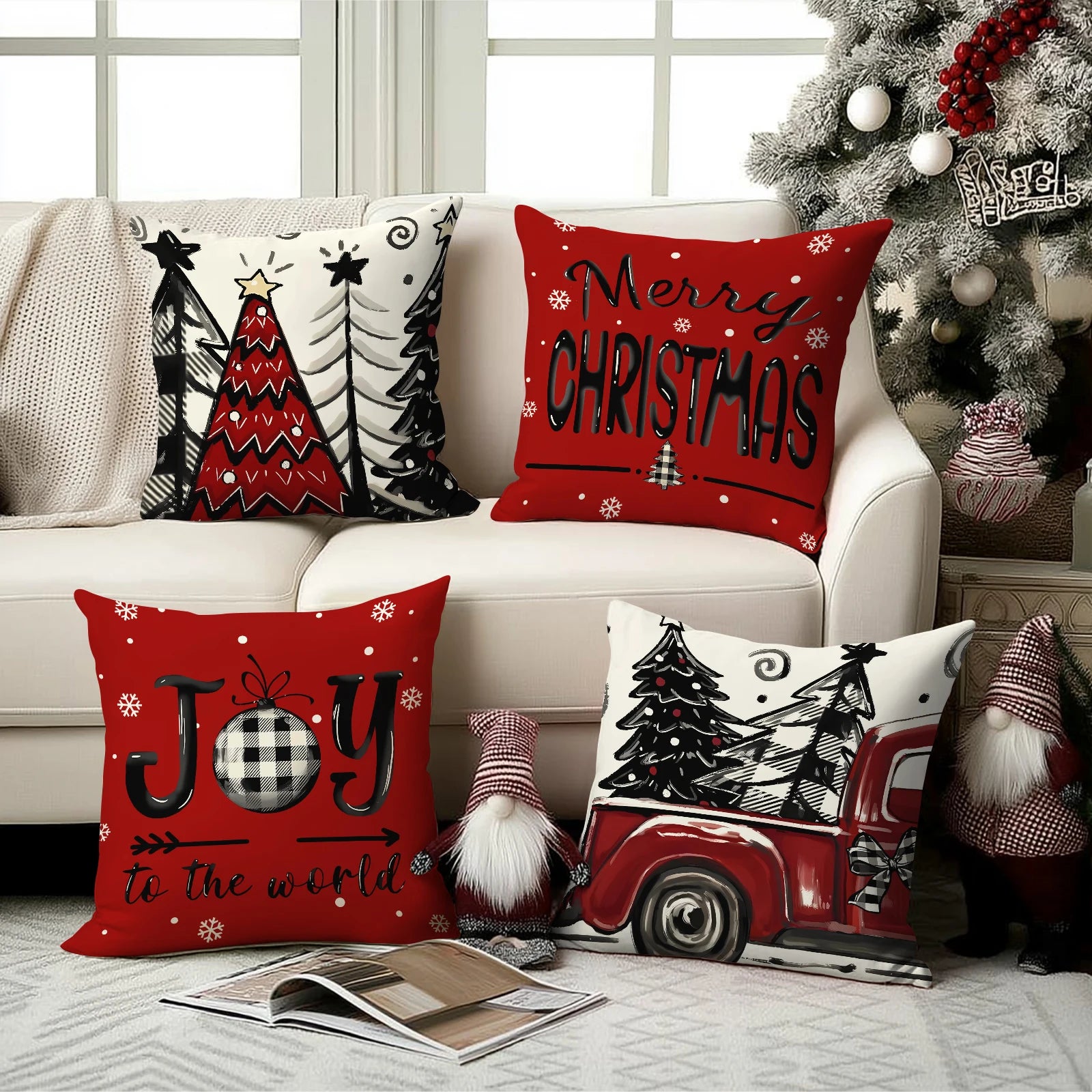 1/4pcs Retro Christmas Pillowcase, Christmas Ball, Christmas Tree, Retro Truck Design, Cushion Cover, Christmas Decorations
