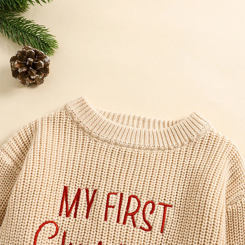 Baby Christmas Sweaters Letter Embroidered Long Sleeve Round Neck Knitted Pullover