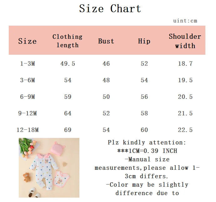 Newborn Baby Girl 3Pcs/Set Heart-shaped Printed Long sleeved Jumpsuit, Hat, and Drool towel Set for 0-18 Months cute baby girl