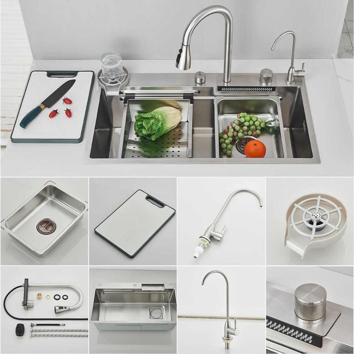 304 Stainless Steel Waterfall Kitchen Sink Large Single Slot Integrated 80X45cm Faucet Set Soap Dispenser Pure Water Tap
