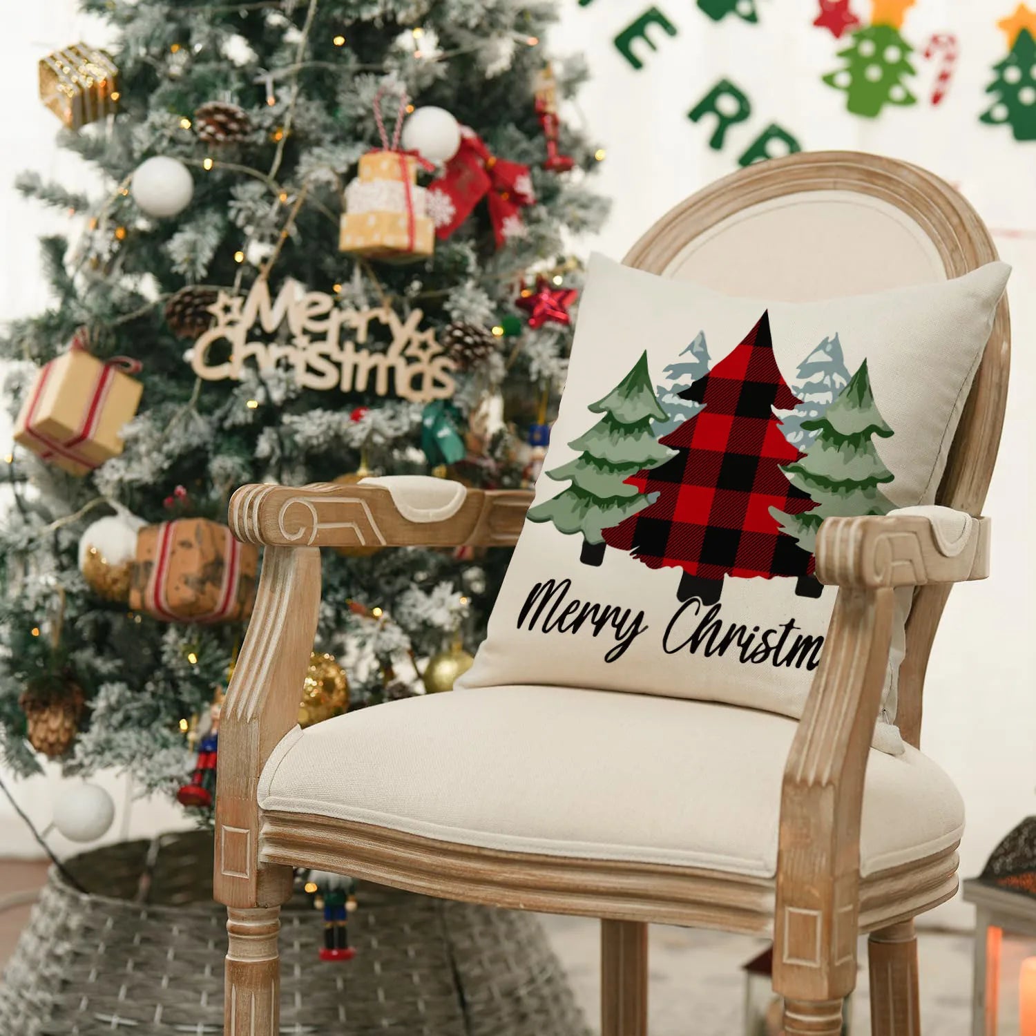 1pc/4pcs Christmas Pillow Cover, Black and Red Buffalo Plaid Celebration Christmas Tree Snowflake Decoration Sofa Cushion Cover