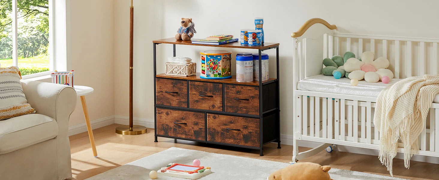 JHK cheminée meuble TV commode pour chambre à coucher avec 5 tiroirs en tissu placard de rangement poitrine vêtements rangement vitrine meubles