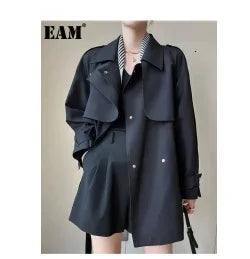 EAM Gray Pleated Big Size Casual Blazer Women New Lapel Short Sleeve Loose Fit Jacket Fashion Tide Spring Autumn 2025 30A1735