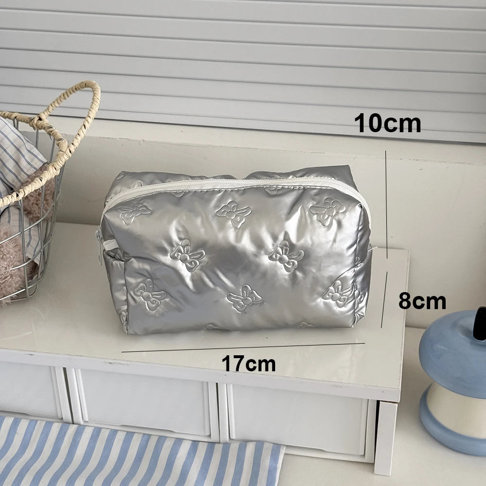 Korean Quilted Love Bow Cosmetic Bag Skincare Products Pouch Inner Pocket Multi-function Makeup Lipstick Storage Bag Handbag