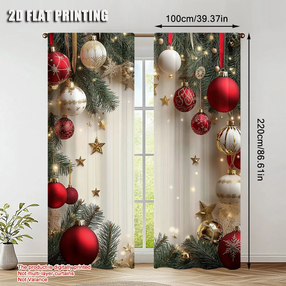 2Pcs Festive Golden And Red Ball Pine Leaves Design Christmas Window Curtains Polyester Rod Pocket Design For Living Room