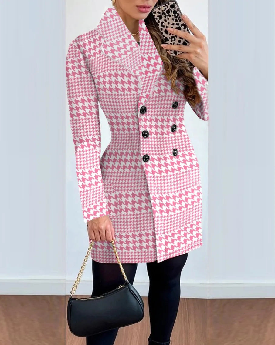 Autumn Winter Fashion Plaid Woolen Coat Dress Women Causal Office Ladies V-neck Double Breasted Slim Woolen Coat Dress Women