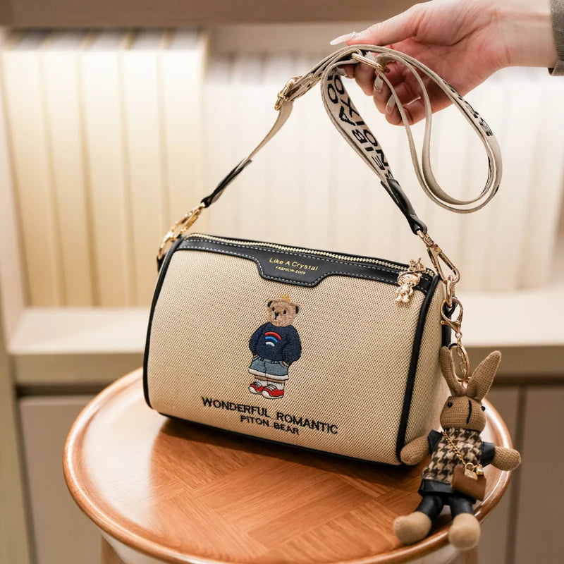 Designer style bag 2025 new model versatile embroidery new cartoon style fashionable little bear crossbody bag casual pillow bag
