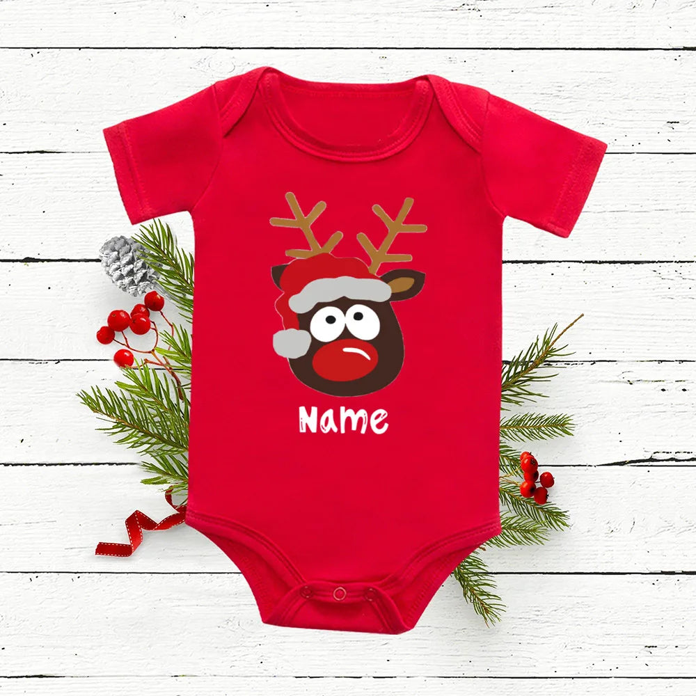 Personalized Baby Christmas Romper Deer with Name Newborn Bodysuit Infant Red Cotton Junpsuit Toddler Xmas Outfit Clothes
