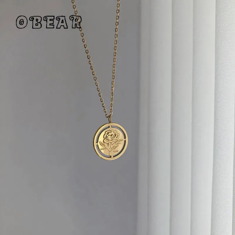 French Flowers Hollow Rose Pendant Necklace Women Stainless Steel Plated 18k Sweet Romantic Engagement Gift Jewelry