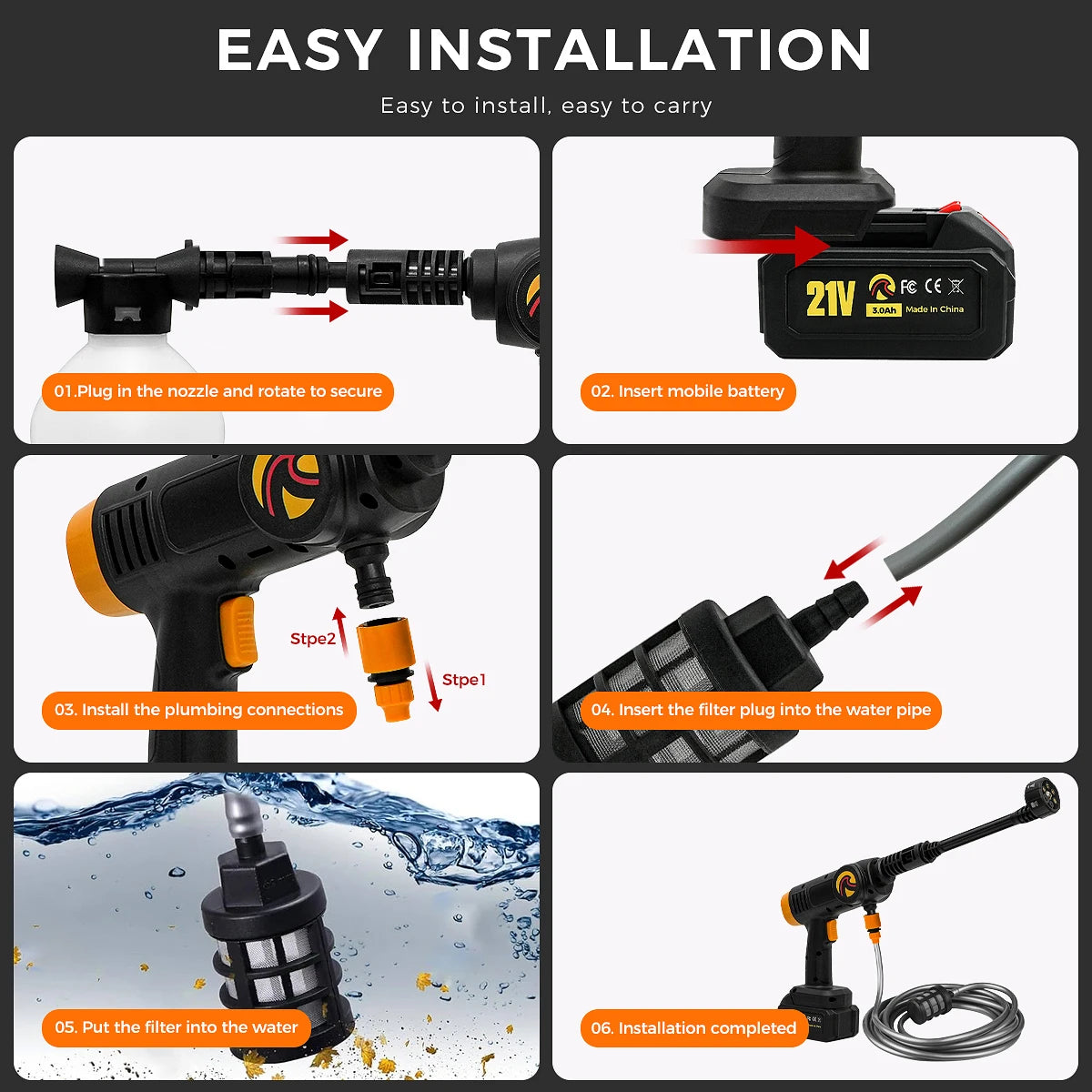 40Bar 3500W Brushed Electric High Pressure Washer 6-in-1 Car Washing Garden Water Spray Gun For Makita 21V Battery