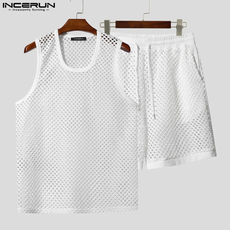 INCERUN Men Sets Solid Color Mesh Hollow Out See Through Tank Tops & Shorts 2PCS Summer Sexy Vacation Men Casual Suits 2025 5XL