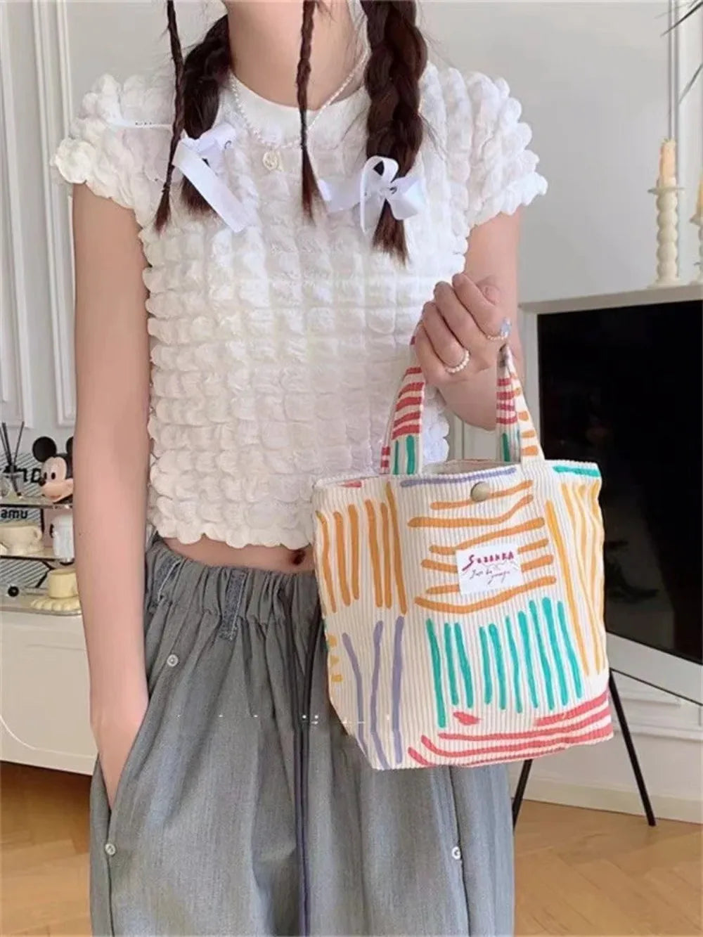 Sac à cosmétiques en velours côtelé à rayures colorées,articles divers, sac de rangement de maquillage esthétique