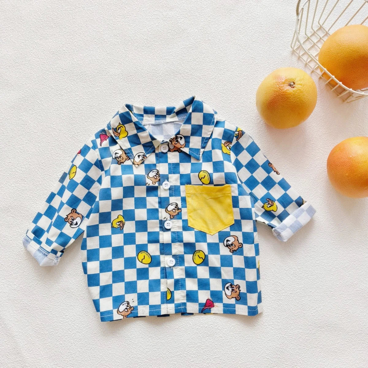 2024 Spring/Autumn New Infant Toddler Pure Cotton Grid Cartoon Printed Long Sleeve Single-Breasted Buttoned Romper