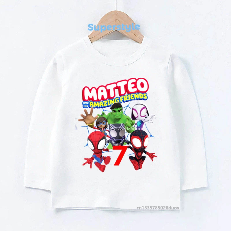 Spidey and His Amazing Friends Birthday Spring Bottoming Kids Shirts 2-9 Years Personalize Name Birthday Boy Long Sleeve T-shirt