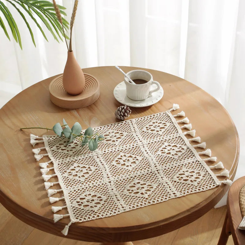 Boho Beige placemats, Vintage Farmhouse Bohemian Crochet Macrame placemats for Wedding Party Coffee Dining Table Decor