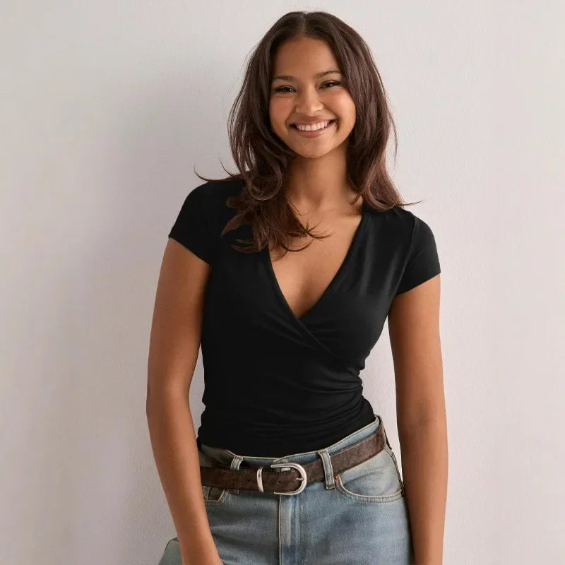 2025 Summer Women T-shirts V-neck Slim Fit Short Sleeve Solid Color Casual Top Ladies Clothing Female Fashion Trendy Pro Choice