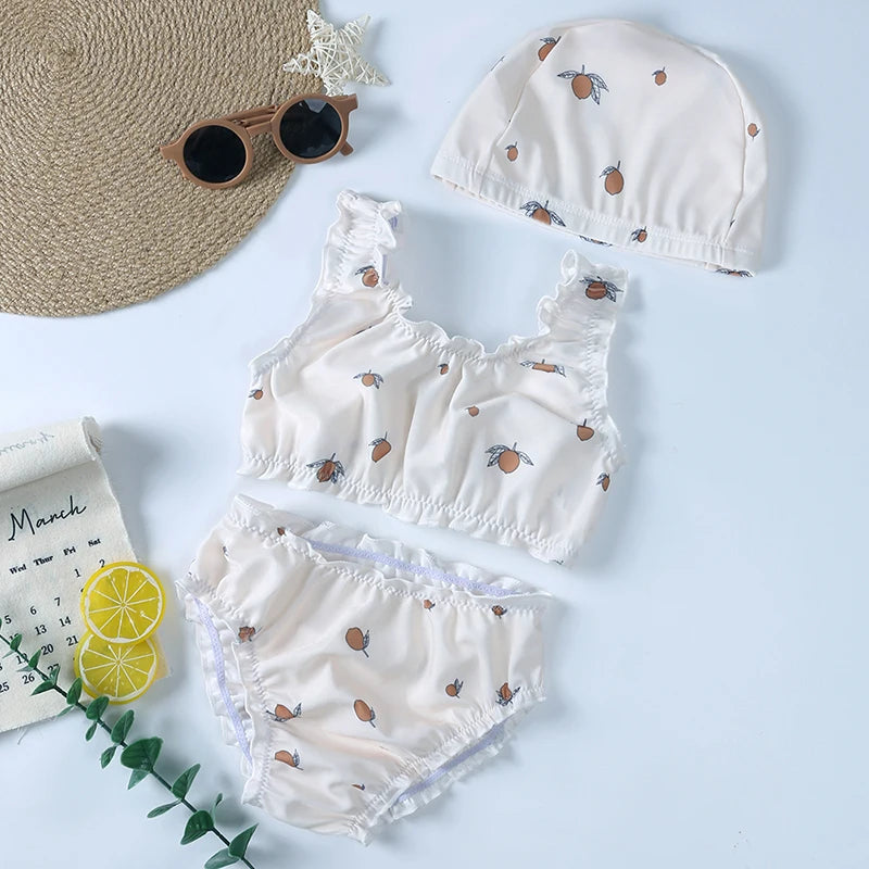 Summer Sun Protection Kids Girls Swimsuits+Hat Clothing Toddler Girl Swimwear Print Baby Bikini Split Swimsuit Vacation Swimming