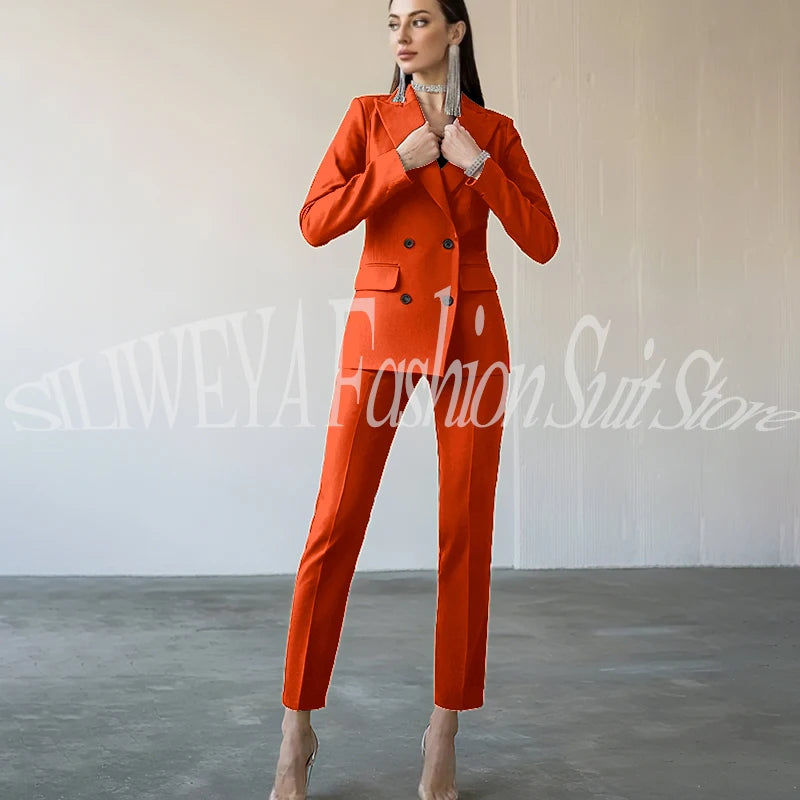 Fashion Chic Burgundy Red Purple Women Suit Double Breasted 2 Piece Jacket Pants Blazer Set Slim Fit Office Lady Female Clothing