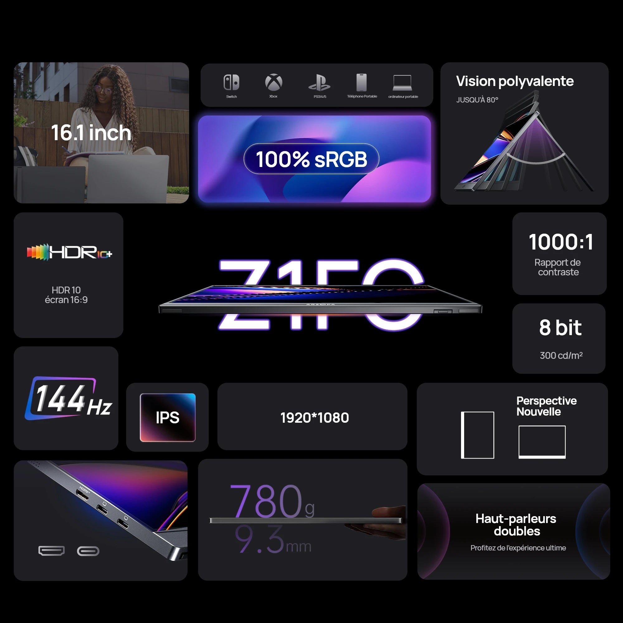 ARZOPA 16.1 inch 100% sRGB 144Hz Portable Monitor Gaming  Laptop Display with Type C Mini HDMI For PS/Steam/Deck/Switch/PC/Mac