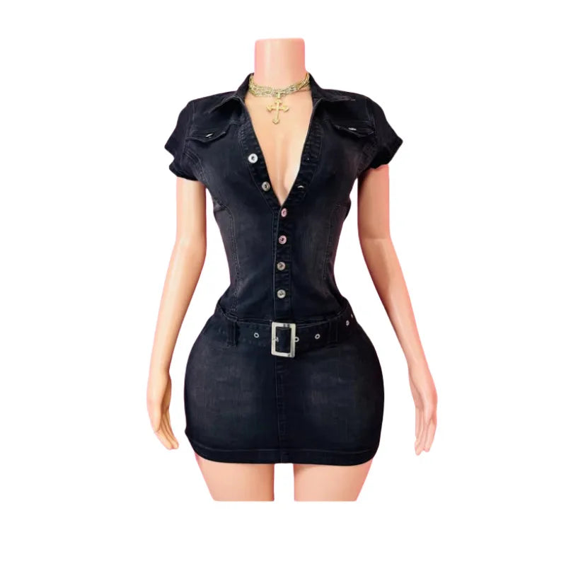 Benuynffy Sexy Half Button Elastic Denim Dress Women Summer 2025 New Turn-down Collar Fashion Slim-fit Bodycon Short Dresses