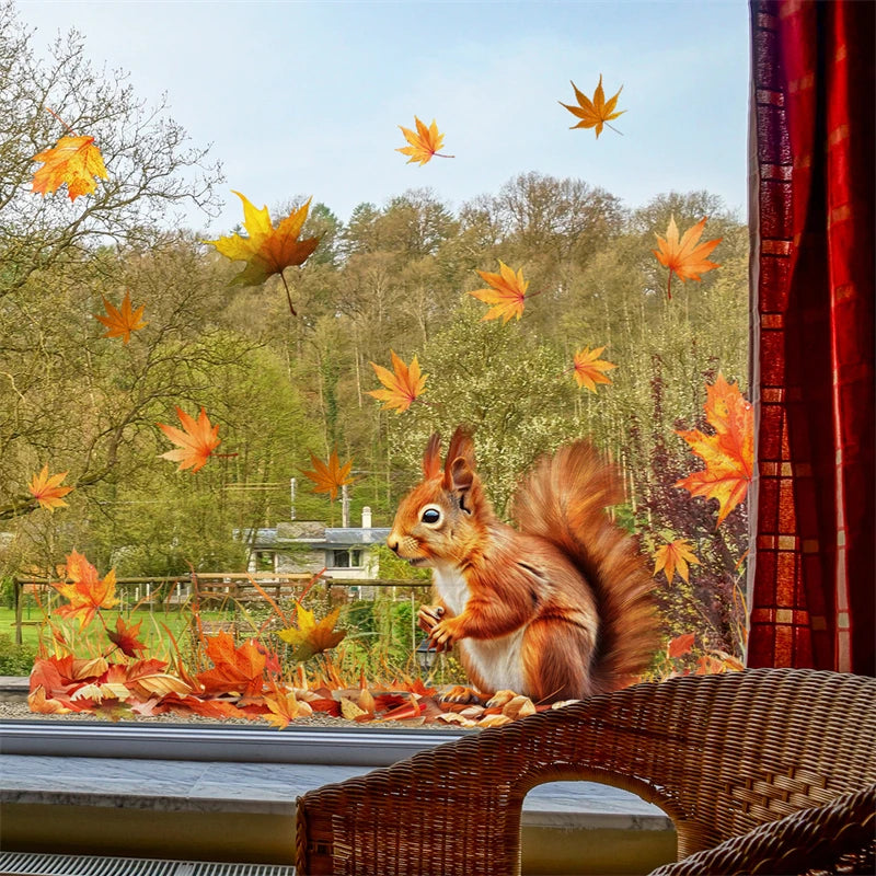 Maple Leaf Squirrel Double-sided Printed Static Window Stickers Autumn Family Thanksgiving Atmosphere Decoration Glass Stickers