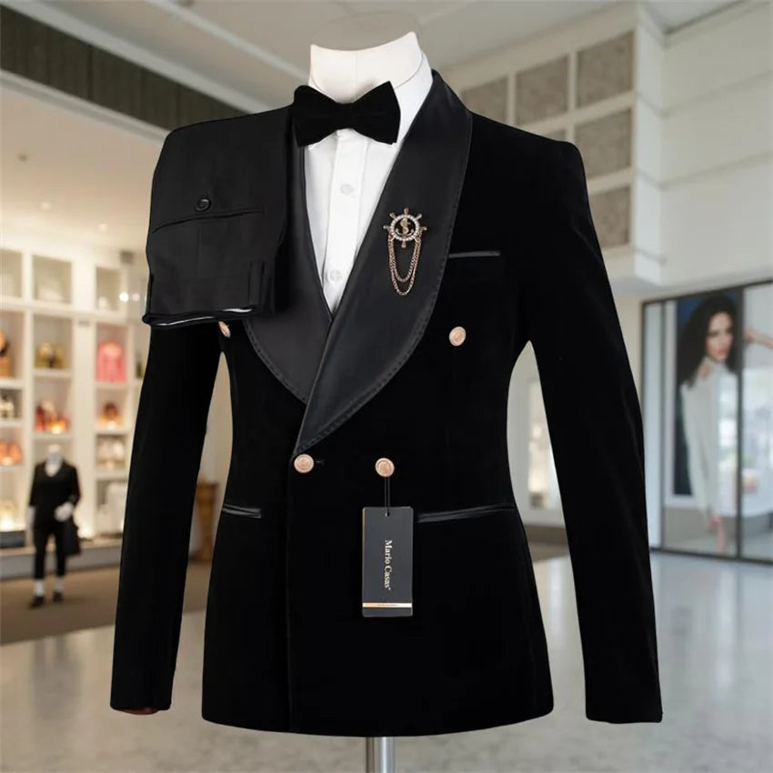 Costume de mariage double boutonnage en velours pour homme