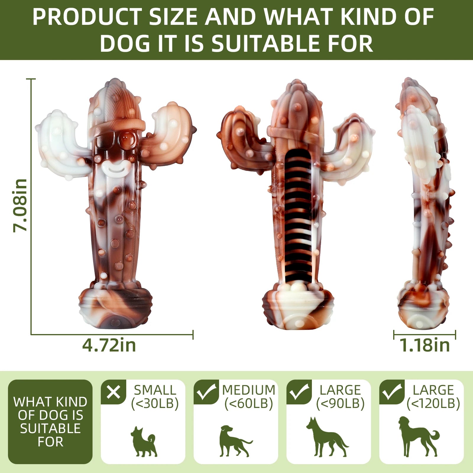 Durable Dog Chew Toy, Cactus-Shaped Tough Bite-Resistant Cartoon Pattern,With Food Hiding Features–Suitable for All Breed Sizes