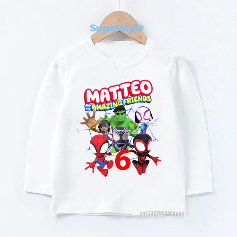 Spidey and His Amazing Friends Birthday Spring Bottoming Kids Shirts 2-9 Years Personalize Name Birthday Boy Long Sleeve T-shirt