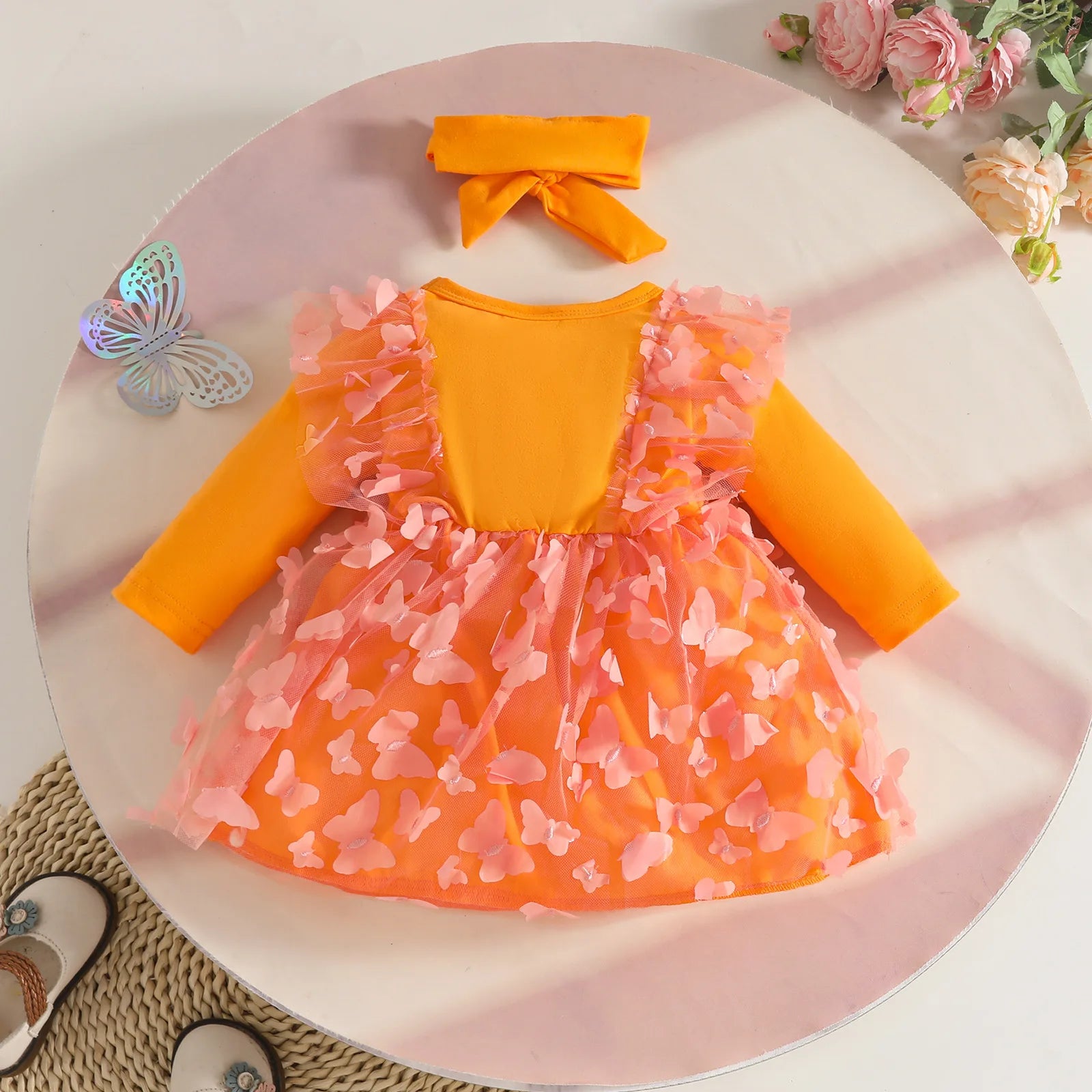 0-2Y Baby Girl Clothes 2Pcs Set Butterfly Tulle Patchwork Bow Baby Dresses for Newborn Girls and Headband Princess Party Outfit