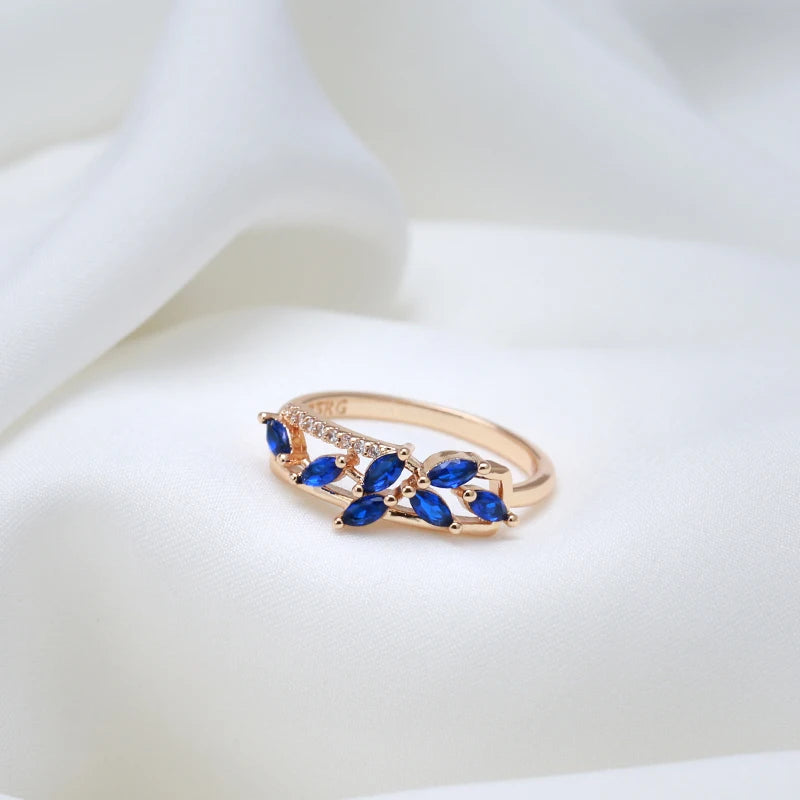 Kinel New Blue Natural Zircon Ring for Women Trendy 585 Rose Gold Leaf Ring Romantic Vintage Wedding Jewelry Fashion 2022