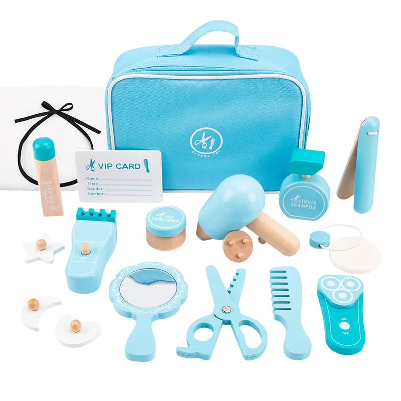 Kids Wooden Makeup Haircut Toy Beauty Fashion Salon Playset Games Combs Hair Dryer Pretend Play House Barber Makeup Kit Girl Toy