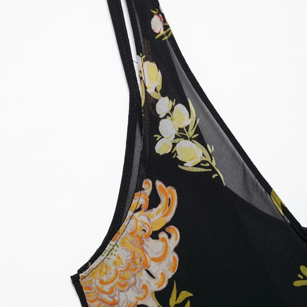 printed waist cinching dress V-neck sleeveless backless pullover summer new women's fashionable temperament long dress