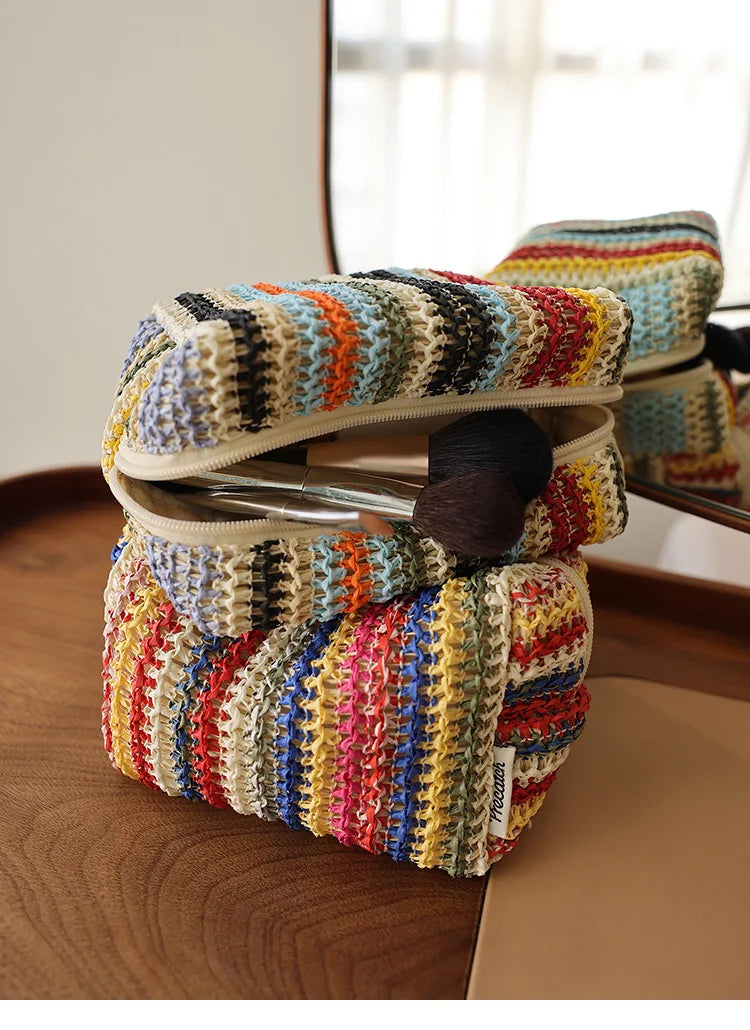 Colorful Knitted Cosmetic Bag Travel-Friendly Handbag Toiletry Pouch Women's Cosmetics & Skincare Organizer On-the-Go Bag-in-Bag