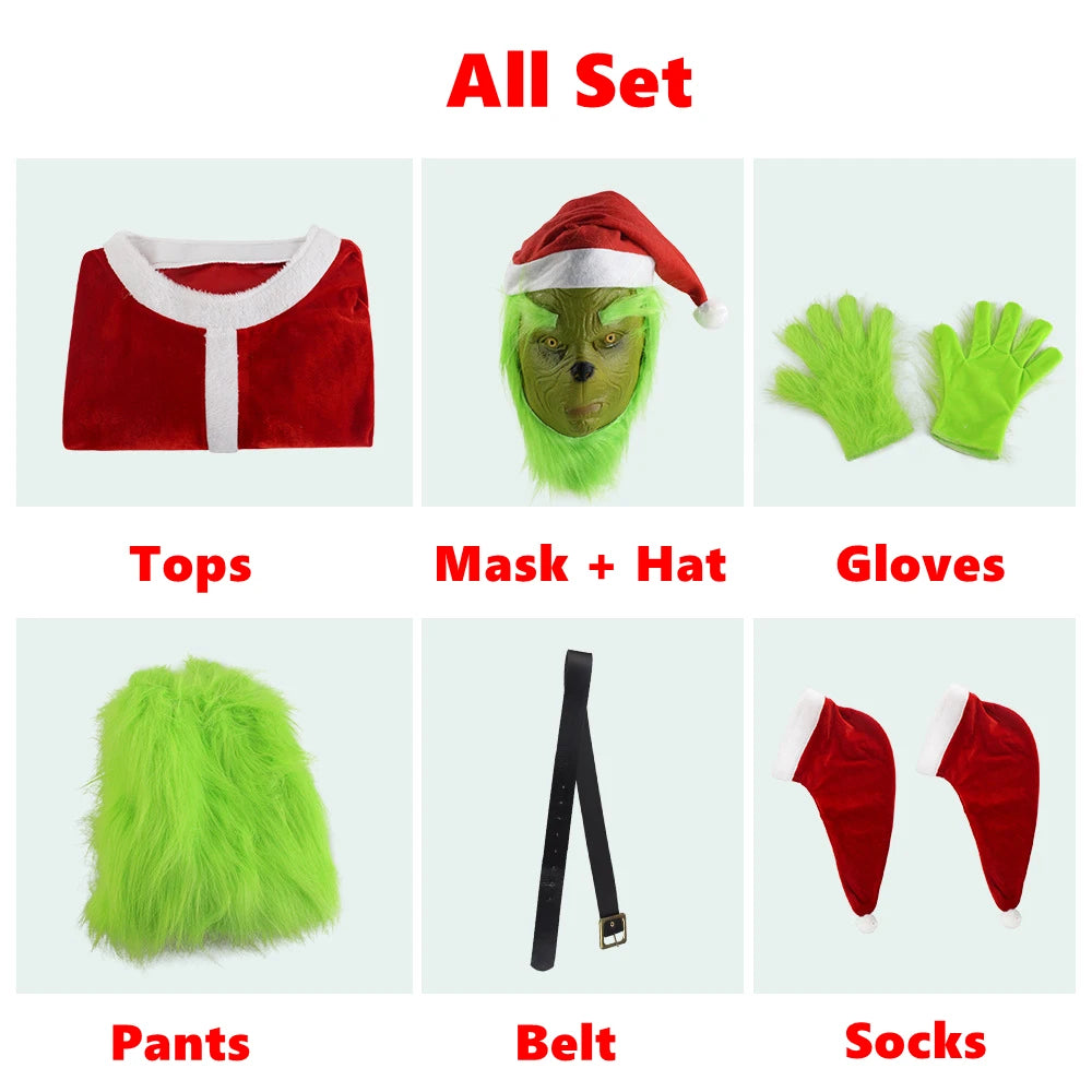 Merry Christmas Grinch Cosplay Costumes Green Thief Plush Mask Pants Gloves Red Santa Claus Hat Tops Socks Holiday Set Xmas Gift