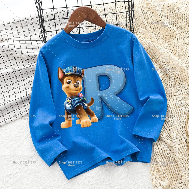 Cute PAW Patrol T-shirt Letter A-Z Print Top Long Sleeve Fashion Summer Boys Clothes Cartoon Kids Birthday Gift Outdoor Wear Tee