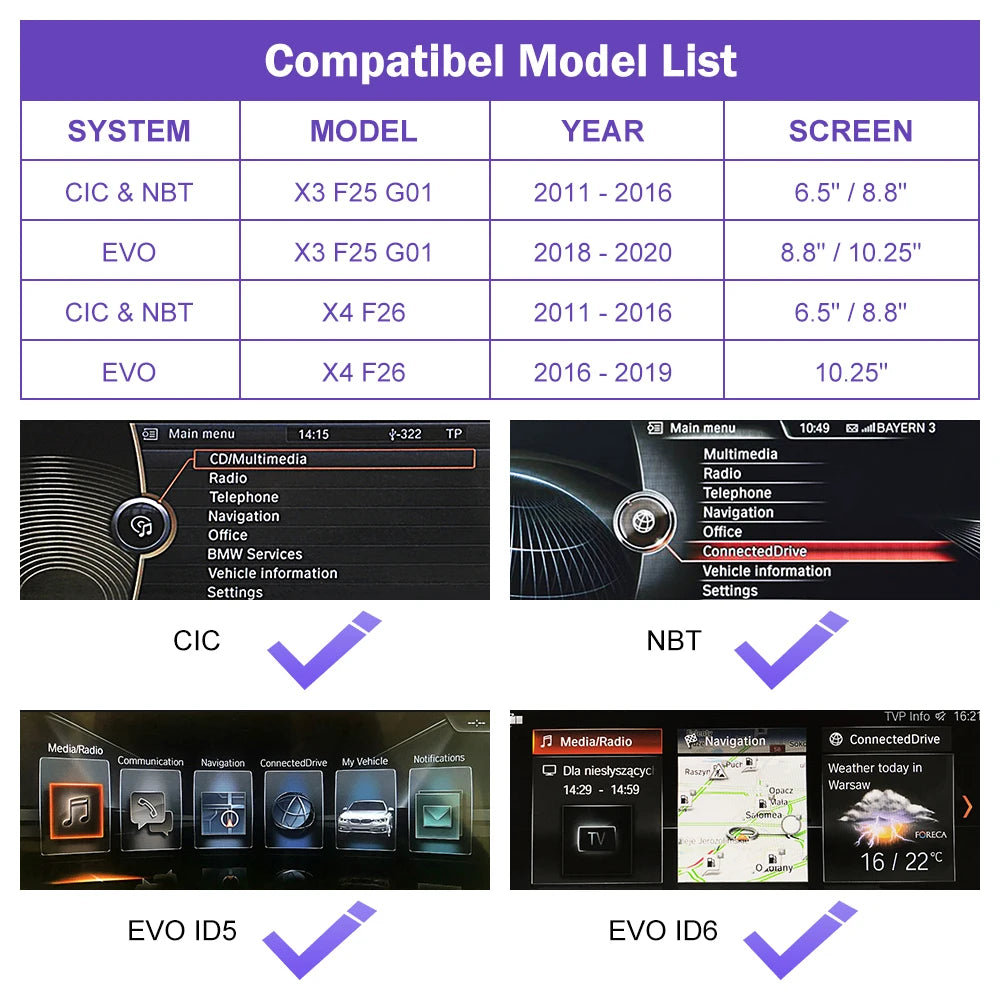 Road Top Wireless CarPlay for BMW X3 F25 G01 X4 F26 CIC,NBT,EVO System 2011-2020, with Android Mirror Link AirPlay Carplay Kits