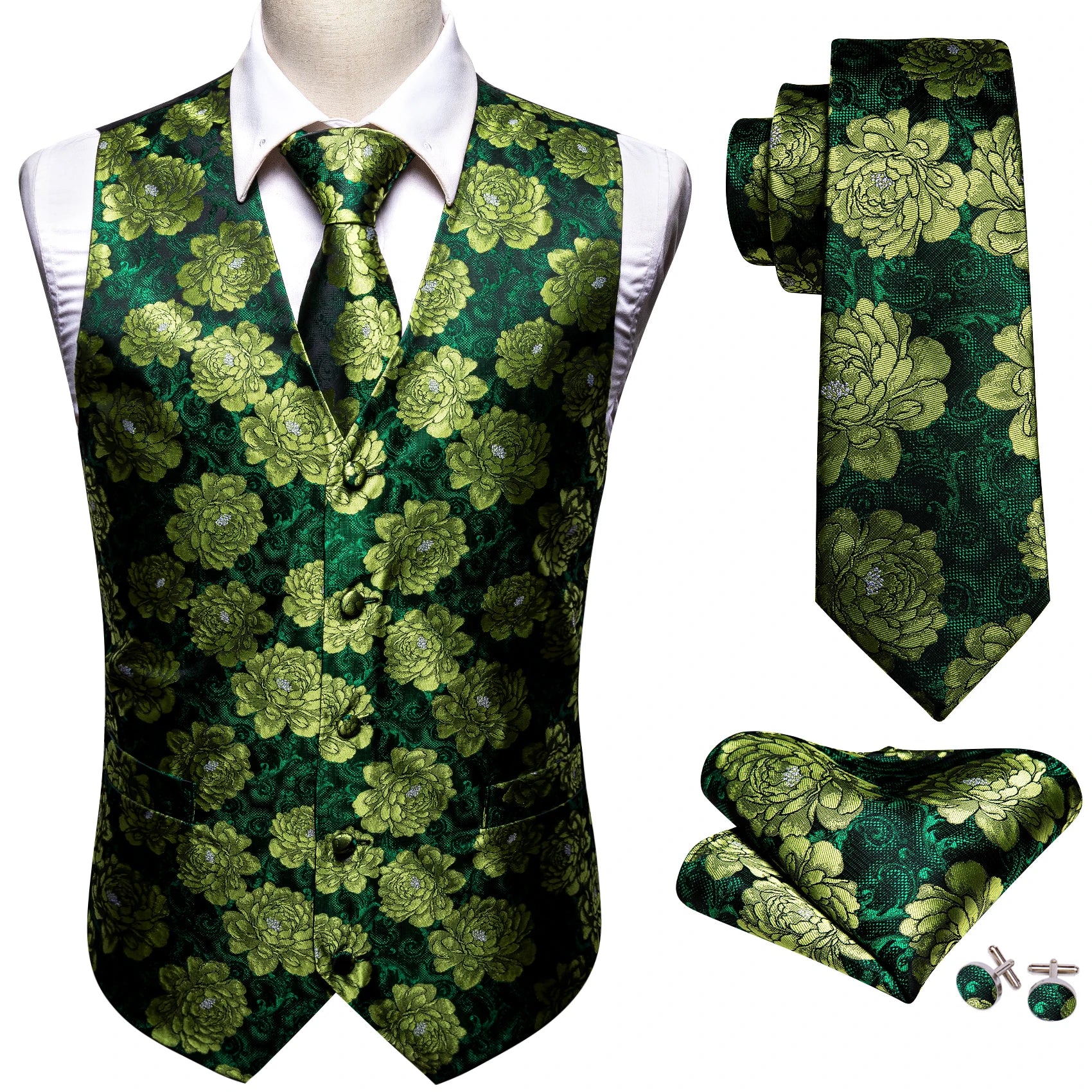 Elegant Vest for Men Silk Green Paisley Plaid Flower Slim Fit Male Suit Embroidered Waistcoat Dress Formal Jacket Barry Wang