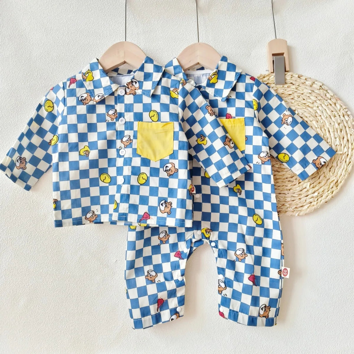 2024 Spring/Autumn New Infant Toddler Pure Cotton Grid Cartoon Printed Long Sleeve Single-Breasted Buttoned Romper